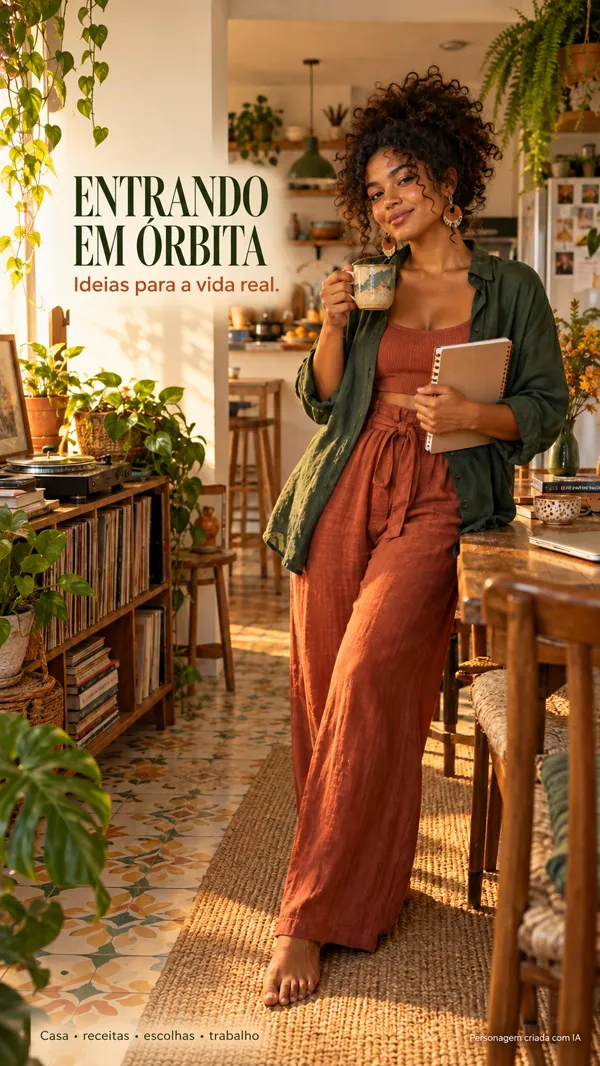 Personagem virtual do Entrando em Órbita em uma casa acolhedora com plantas, livros e luz natural