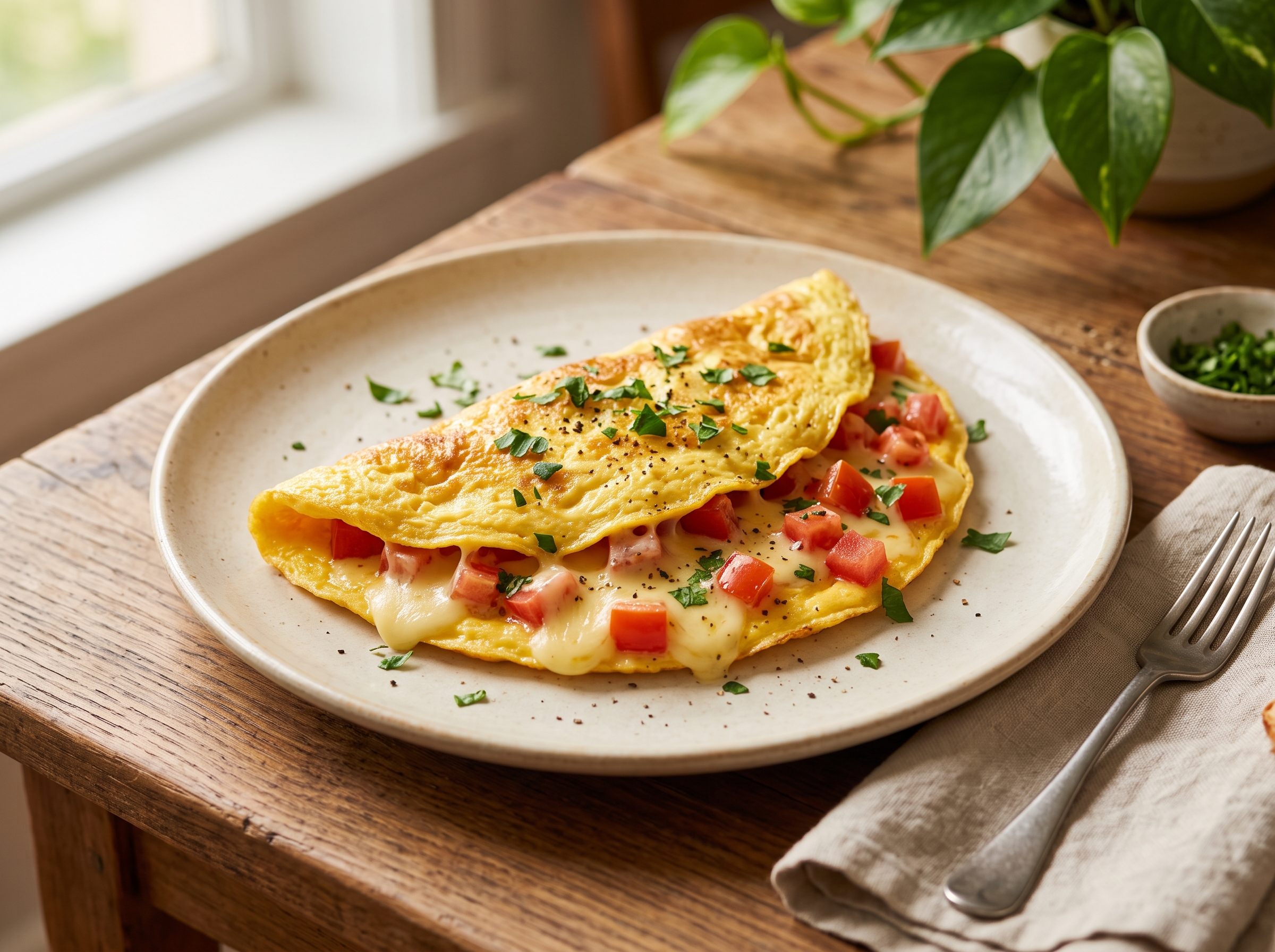 Omelete de tomate e queijo — imagem ilustrativa criada com IA